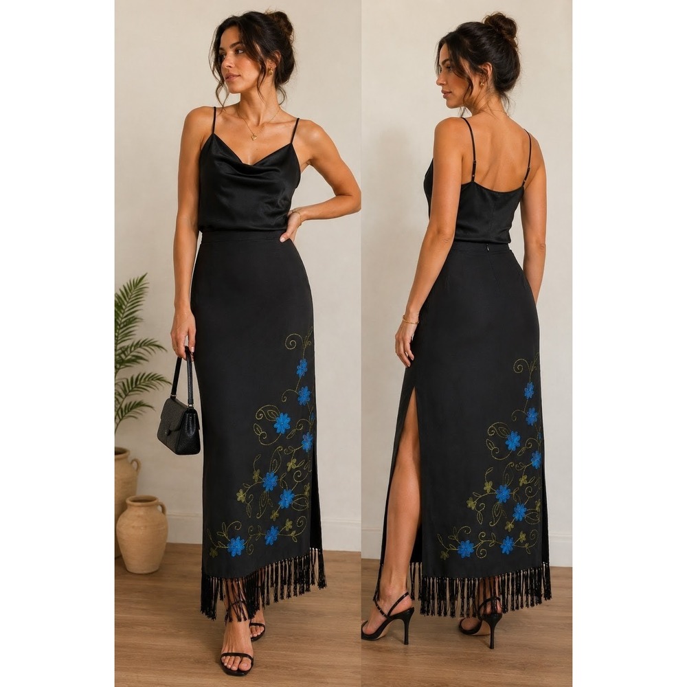 CLIO Silk Black Maxi Skirt Blue Floral Fringe Hem Side Slits Sz Vtg 14 Modern 10